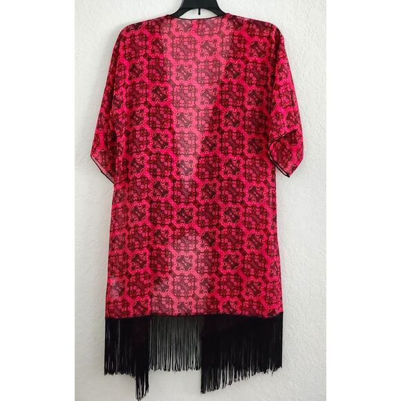 KIMONO/ROBE/COVER UP-LULAROE-Sheer-Red & Black-Black Fringe-Open Front-Size SM - Picture 2 of 13